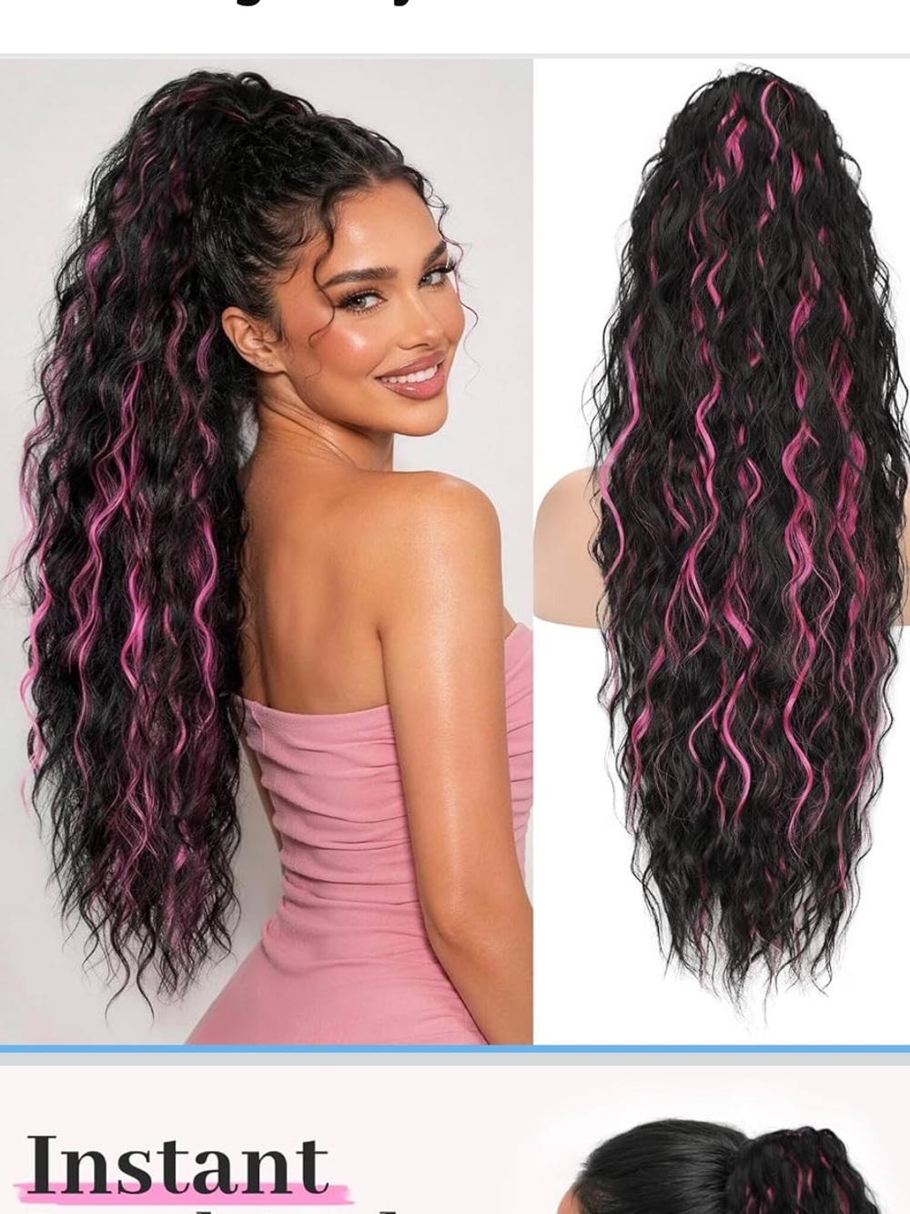Black Hot Pink Curly Synthetic Drawstring Ponytail Extension 30”